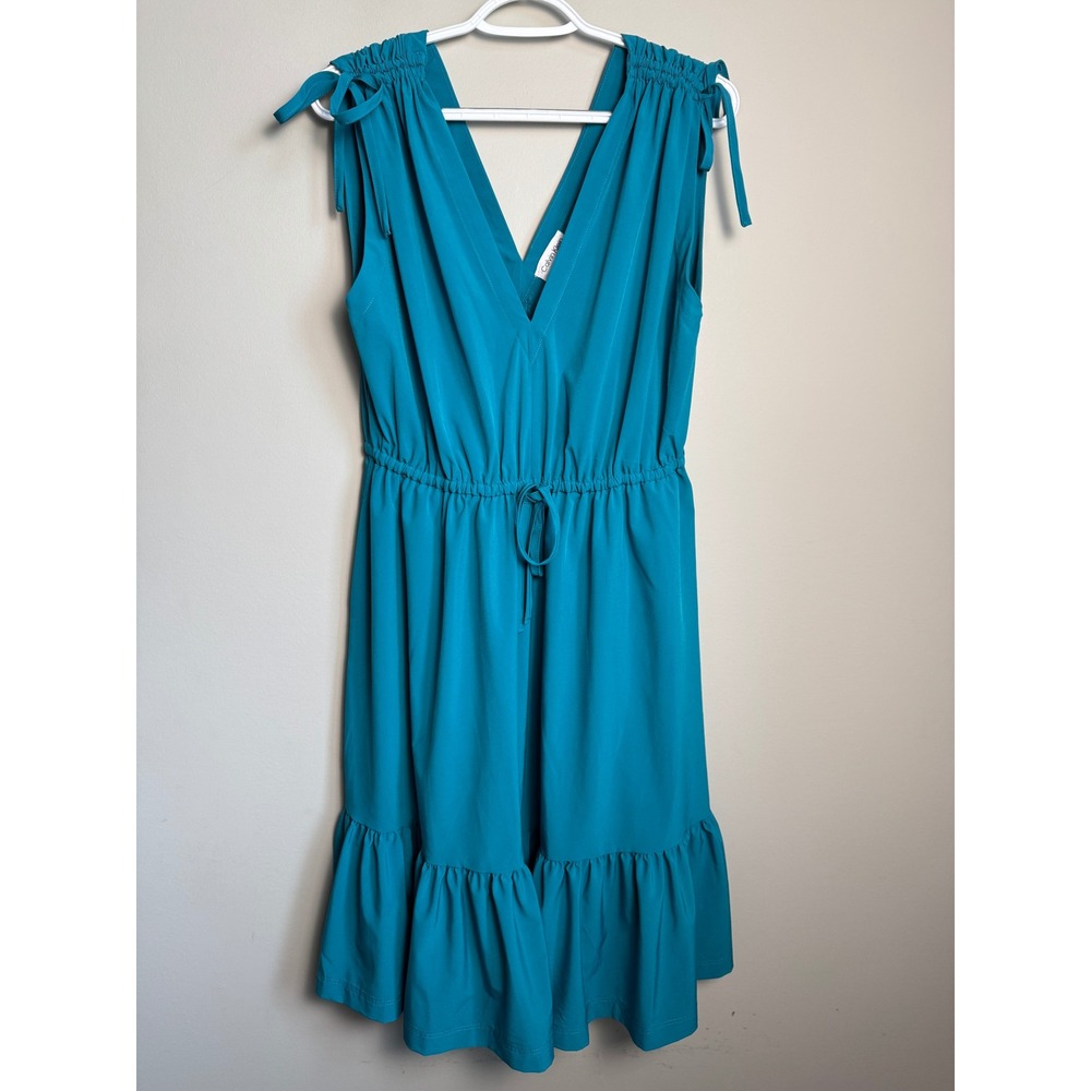Calvin Klein V-Neck Tiered Fit & Flare Dress 10 Turquoise Green Boho Chic Cruise